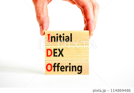 IDO initial DEX offering symbol. Concept words IDO initial DEX offering on beautiful wooden blocks. Beautiful white background. Businessman hand. Business IDO initial DEX offering concept. Copy space. IDO initial DEX offering symbol. Concept words IDO initial DEX offering on beautiful wooden blocks. Beautiful white background. Businessman hand. Business IDO initial DEX offering concept. Copy space. 114869486