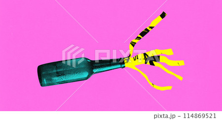 Contemporary art collage. Surreal artwork in vibrant trendy colors. Bottle with bright yellow paper emerging from its neck. 114869521