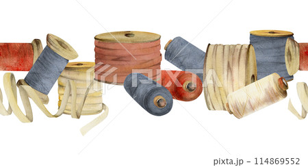 Hand drawn watercolor illustration sewing craft embroidery supplies. Ribbon lace thread floss skein bobbins spools. Seamless banner isolated on white background. Design atelier, tailor, hobby shop 114869552