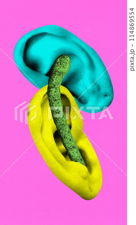 Contemporary art collage. Surreal artwork in vibrant trendy colors. two oversized ears intertwined by textured object, mud. 114869554