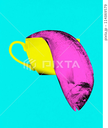 Contemporary art collage. Surreal artwork in vibrant trendy colors. Yellow cup with pink fish emerging from it Contemporary art collage. Surreal artwork in vibrant trendy colors. Yellow cup with pink fish emerging from it 114869579