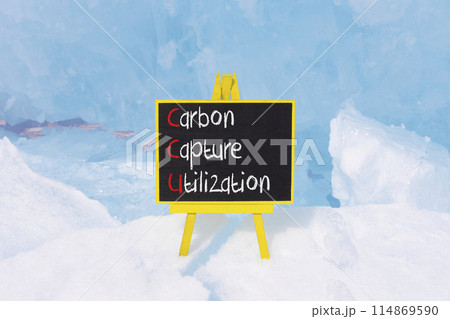 CCU Carbon capture utilization symbol. Concept words CCU Carbon capture utilization on beautiful blackboard Beautiful ice background Business ecological Carbon capture utilization concept Copy space 114869590