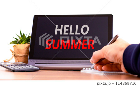 Hello summer symbol. Concept words Hello summer on beautiful black pad. Beautiful white background. Businessman hand. Calculator. Business lifestyle Hello summer concept. Copy space. 114869710