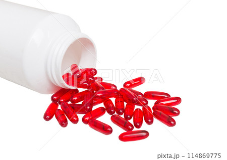 White medicines flow from container. medicine white pill bottle isolated on a white background 114869775