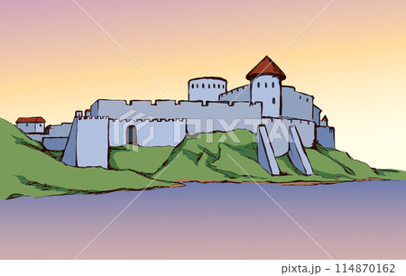 Ancient city on rock. Vector drawing 114870162