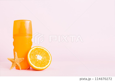 dispenser bottle and Citrus fruit in skincare product. beauty spa medical skincare and cosmetic lotion bottle cream product on table decor background with summer accessories dispenser bottle and Citrus fruit in skincare product. beauty spa medical skincare and cosmetic lotion bottle cream product on table decor background with summer accessories 114870272