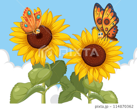 Butterflies on Sunflowers Vector Illustration Butterflies on Sunflowers Vector Illustration 114870362