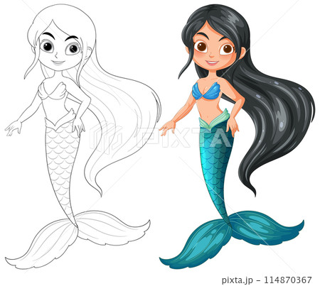 Colorful and Black-and-White Mermaid Illustrations 114870367