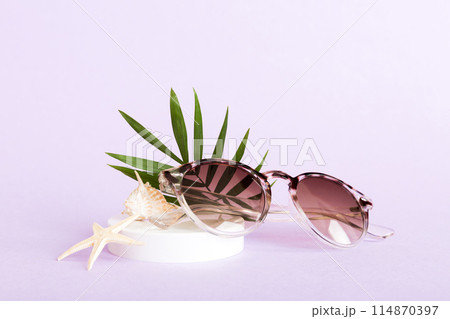 sunglasses with seashell lying on table background. Sunglasses on summer background. Top view flat lay with copy space for text sunglasses with seashell lying on table background. Sunglasses on summer background. Top view flat lay with copy space for text 114870397