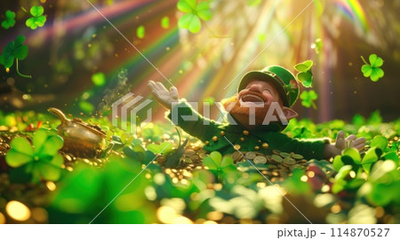 leprechaun surrounded by piles of gold in a field of four leaf clovers Rainbow abound. Generative AI 114870527