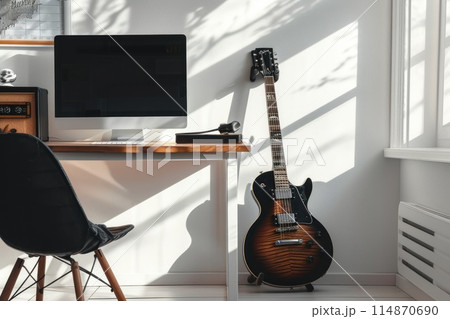 Interior of a contemporary teen's room with a desktop and guitar. Generative AI 114870690