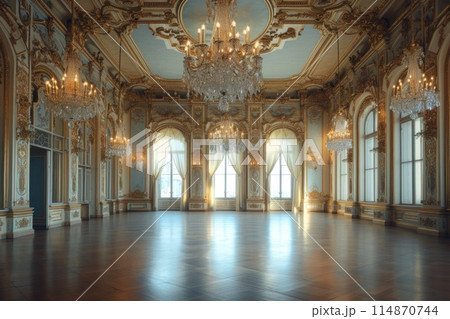 An Antique Ballroom with Crystal Chandeliers and Ornate decor. Generative AI An Antique Ballroom with Crystal Chandeliers and Ornate decor. Generative AI 114870744