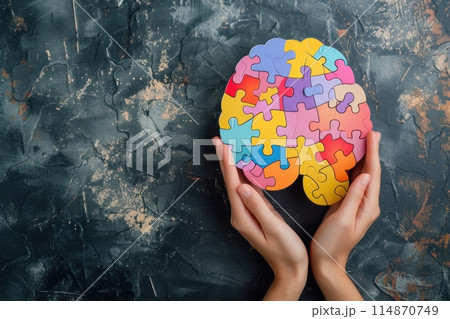 Brain shaped puzzle paper world mental health day, world Parkinson day concept. Generative AI. 114870749