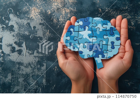 Brain shaped puzzle paper world mental health day, world Parkinson day concept. Generative AI. 114870750