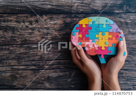Brain shaped puzzle paper world mental health day, world Parkinson day concept. Generative AI. 114870753
