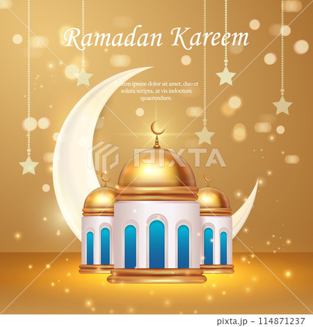 3D Islamic traditional architecture building and crescent moon with golden shimmering bokeh background. suitable for Ramadan, Raya Hari, Eid al Adha Islamic holiday 3D Islamic traditional architecture building and crescent moon with golden shimmering bokeh background. suitable for Ramadan, Raya Hari, Eid al Adha Islamic holiday 114871237