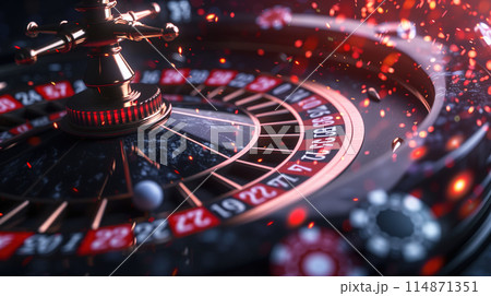 Close-Up of Spinning Roulette Wheel in a Lively Casino at Peak Hours 114871351
