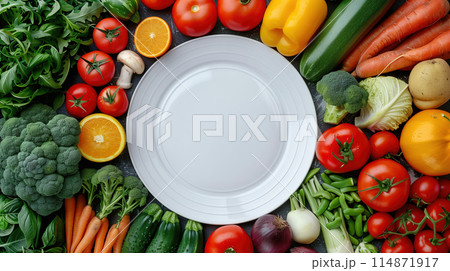 Assorted Vegetables Surrounding a White Plate 114871917