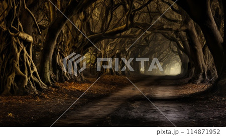 Dense forest with a path cutting through trees, a natural landscape 114871952
