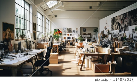 Spacious interior with desks and chairs for a...のイラスト素材 [114872017] - PIXTA