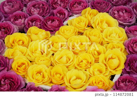 黄色のバラの花のハートマーク 黄色のバラの花のハートマーク 114872081