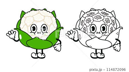 Cute funny Cauliflower waving hand character outline cartoon illustration for coloring book. Vector hand drawn traditional cartoon vintage, retro, cabbage character. Isolated on white background 114872096