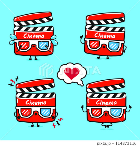 Funny cute happy Movie clapper characters bundle set. Vector hand drawn doodle style cartoon character illustration. Isolated on blue background. Movie clapper mascot character collection Funny cute happy Movie clapper characters bundle set. Vector hand drawn doodle style cartoon character illustration. Isolated on blue background. Movie clapper mascot character collection 114872116