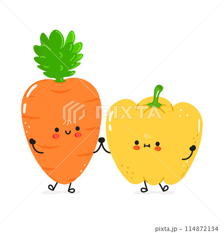 Bell pepper and Carrot card. Vector hand drawn doodle style cartoon character illustration icon design. Happy Bell pepper and Carrot friends concept card Bell pepper and Carrot card. Vector hand drawn doodle style cartoon character illustration icon design. Happy Bell pepper and Carrot friends concept card 114872134