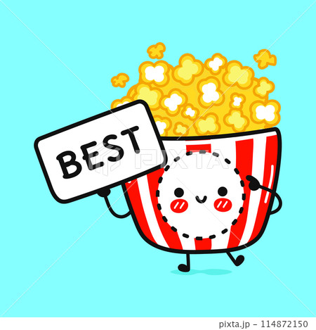 Cute Popcorn with poster best. Vector hand drawn cartoon kawaii character illustration icon. Isolated on blue background. Popcorn think concept 114872150