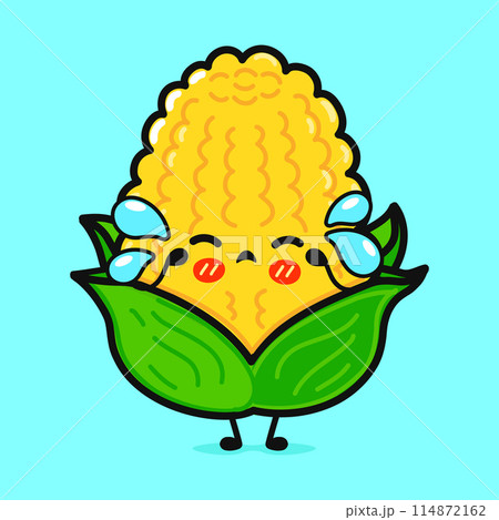 Crying Corn character. Vector hand drawn cartoon kawaii character illustration icon. Isolated on blue background. Sad Corn character concept 114872162