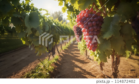 Ripe Grapes Hanging in Sunlit Vineyard 114872402