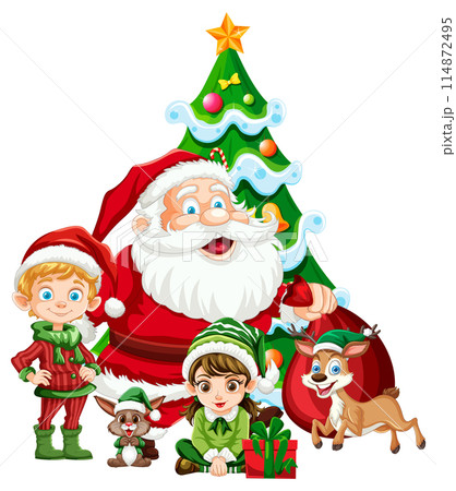 Santa and Elves by Christmas Tree Santa and Elves by Christmas Tree 114872495
