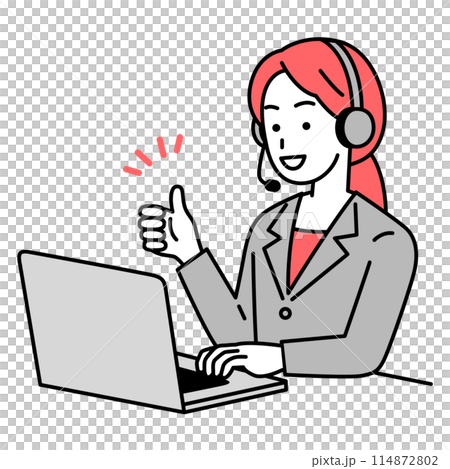 A woman working on a laptop making a good sign 114872802