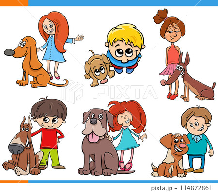 cartoon children and their dogs pet characters set cartoon children and their dogs pet characters set 114872861