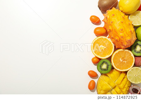 Set of tropical fruits on white background, space for text 114872925