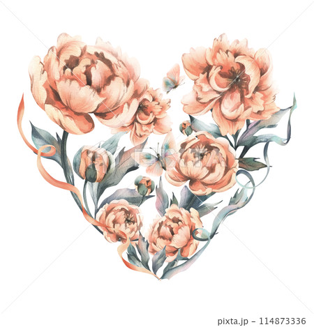 Delicate flowers, buds and leaves of peach and pink peonies with butterflies in a vintage style. Hand drawn watercolor illustration. Composition in the shape of a heart isolated from background 114873336