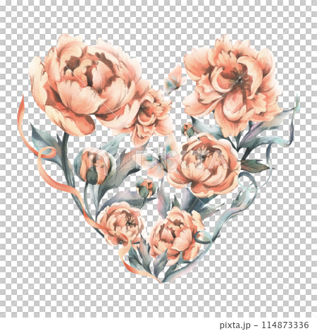 Delicate flowers, buds and leaves of peach and pink peonies with butterflies in a vintage style. Hand drawn watercolor illustration. Composition in the shape of a heart isolated from background 114873336