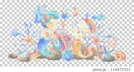 Mermaid little boy and girl with sea corals, algae, shells, starfish, fish, bubbles. Watercolor illustration hand drawn in coral, turquoise and blue colors. Composition isolated from the background. Mermaid little boy and girl with sea corals, algae, shells, starfish, fish, bubbles. Watercolor illustration hand drawn in coral, turquoise and blue colors. Composition isolated from the background. 114873351
