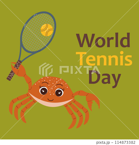 World Tennis Day. Crab playing tennis. Healthy lifestyle. Tennis racket and ball. Flat style World Tennis Day. Crab playing tennis. Healthy lifestyle. Tennis racket and ball. Flat style 114873382