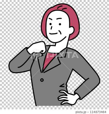 A middle-aged woman in a suit puffing out her chest A middle-aged woman in a suit puffing out her chest 114873464