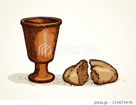Vector symbols of Communion. Broken bread and wine in bowl Vector symbols of Communion. Broken bread and wine in bowl 114873476