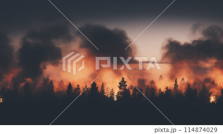 A wildfire in a forest at sunset with smoke clouds, depicting a dramatic natural disaster scene 114874029