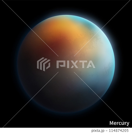Mercury planet. Outer space black background, exploration solar system. Astronomy education poster, cosmic galaxy. Cosmic sphere, global cartography. 3d Realistic isolated element. Vector illustration 114874205
