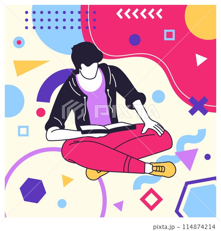 Creative geometric card. Cartoon young character. Happy guy portrait. Casual man reading literature. Abstract Memphis color figures. Male relaxation. Person sitting with book. Vector banner design 114874214