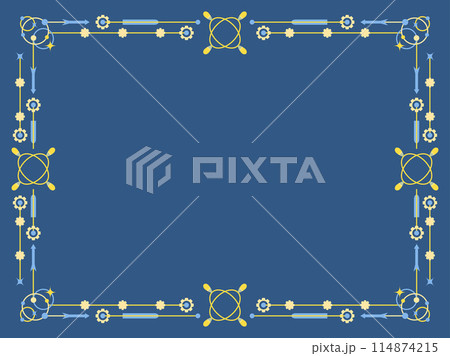 Vintage atompunk style frame with gears and light bulbs. Retrofuturistic frame made of lines in the style of the 1950s-1960s. Design for invitations and banners. Vector illustration 114874215
