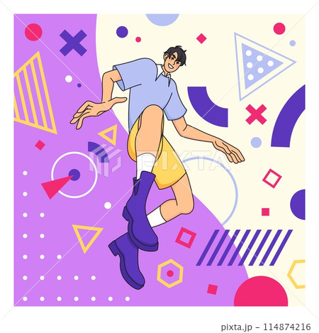 Creative geometric card. Cartoon young character. Happy guy portrait. Flying man. Excited male pose. Abstract color shapes. Memphis flat figures. Trendy person dancing or jumping. Vector banner design 114874216