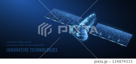 Satellite isolated on blue. Space exploration, GPS technology, Spacecraft station Satellite isolated on blue. Space exploration, GPS technology, Spacecraft station 114874315