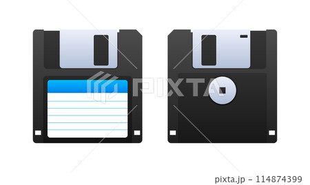 Floppy disk on white background. HD diskette old data media. Storage medium used for data storage. Floppy disk on white background. HD diskette old data media. Storage medium used for data storage. 114874399