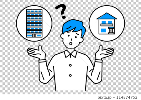 Casual man wondering whether to buy a house or an apartment 114874752