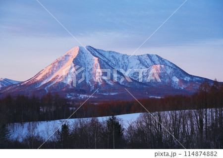 冬の北海道虻田郡京極町　望羊の丘から朝日を浴びる尻別岳を臨む 114874882